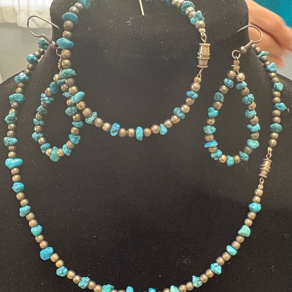 Turquoise Bead Necklace, bracelet and Earring Set - Blue Turquoise Jewelry